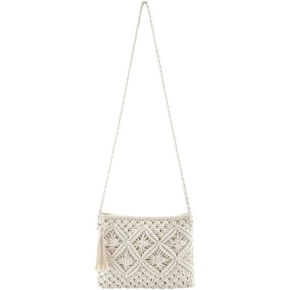 Kukuzhu Women's Handwoven Crossbody Handbag Summer Beach Shoulder Handbag Cotton Crochet Woven Handmade Purse Bag Tassel
