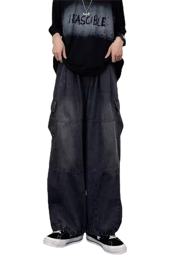 Women's High Waist Cargo Jeans Y2K Grunge Wide Leg Denim Pants Emo Goth Alternative Clothing Fairycore Streetwear