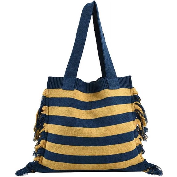 Kukuzhu Women's Hobo Bag Wool Knitted Shoulder Bag Handbag Stripe Purse Large Totes Exquisite Top Handle Bag with Tassels