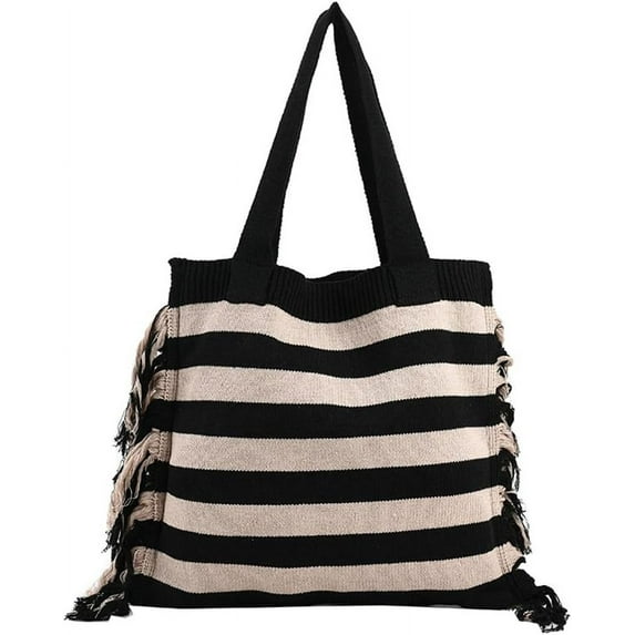 Kukuzhu Women's Hobo Bag Wool Knitted Shoulder Bag Handbag Stripe Purse Large Totes Exquisite Top Handle Bag with Tassels