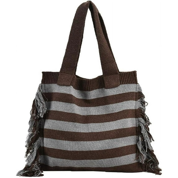 Kukuzhu Women's Hobo Bag Wool Knitted Shoulder Bag Handbag Stripe Purse Large Totes Exquisite Top Handle Bag with Tassels
