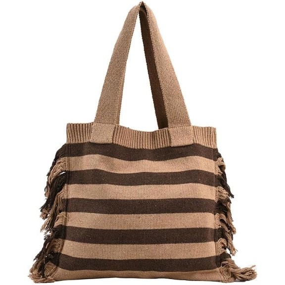 Kukuzhu Women's Hobo Bag Wool Knitted Shoulder Bag Handbag Stripe Purse Large Totes Exquisite Top Handle Bag with Tassels