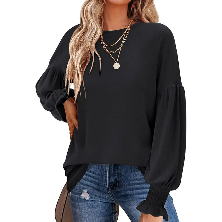 Kukuzhu Women s Long Lantern Sleeve Pullover Casual Crew Neck Solid Sweatshirt Blouses Tops Walmart