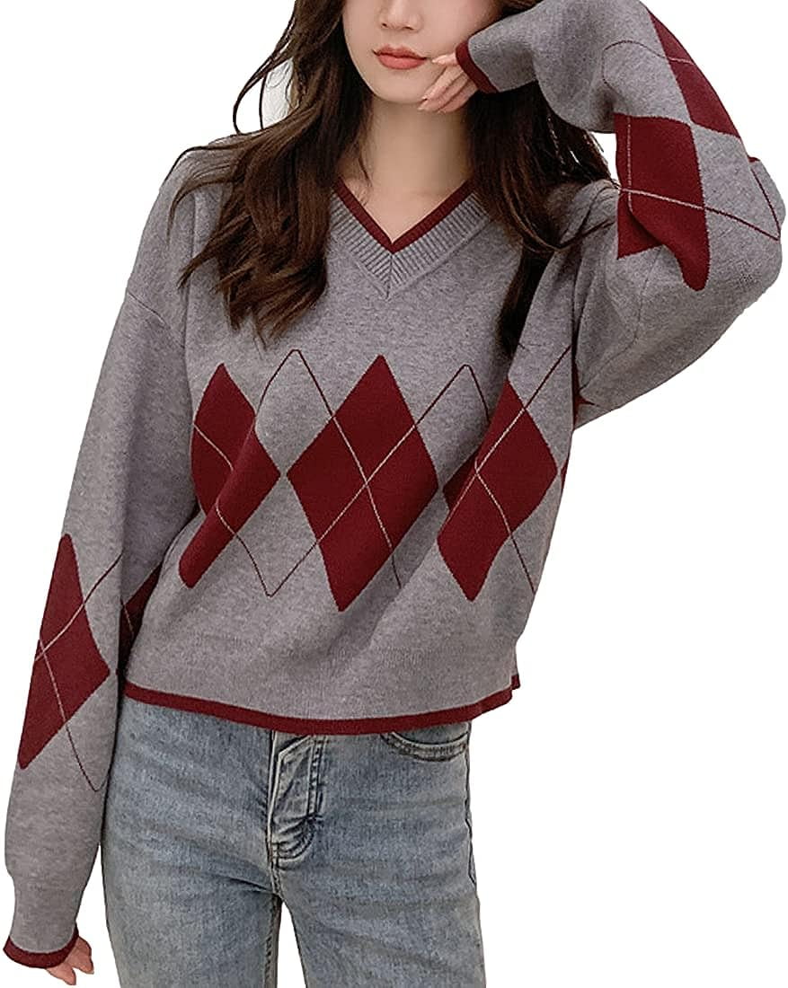 Kukuzhu Women’s Long Sleeve VNeck Argyle Sweater Loose Fit Y2K Knitted