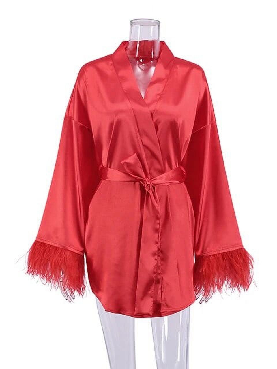 Kukuzhu Women's Nightgowns Fashion Feather Patchwork Robe Solid Color