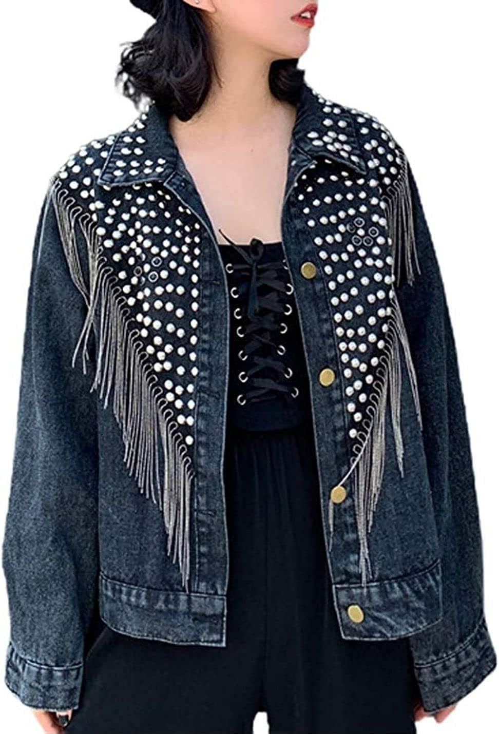 Kukuzhu Women’s Rivets Studded Denim Jacket Button Down Chic Tassel
