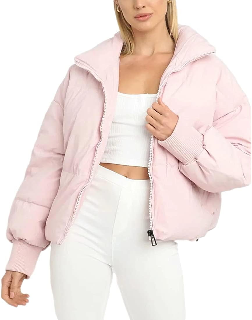 Kukuzhu Women's Short Puffer Jacket Winter Warm Stand Collar Oversize