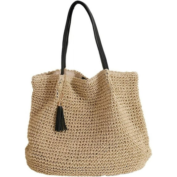 Kukuzhu Women’s Summer Hand-Woven Straw Beach Tote Bag with Tassels, Beige