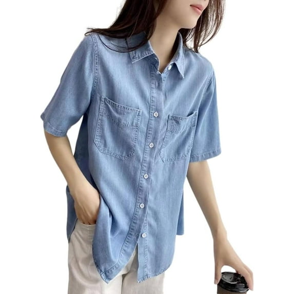 Kukuzhu Women's Tencel Relaxed-Fit Long Short Sleeve Button-Up Tunic Button Down Jean Shirt