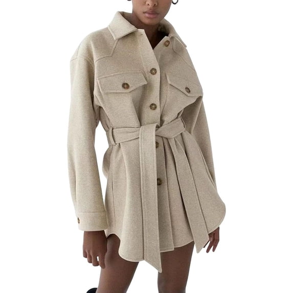 Kukuzhu Women’s Winter Belted Long Coat Wool Blend Lapel Button Pocketed Pea Coat