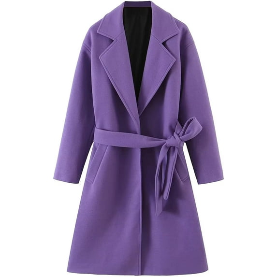 Kukuzhu Women's Wool Blend Trench Coat Lapel Collar Wrap Wool Coat with Belt