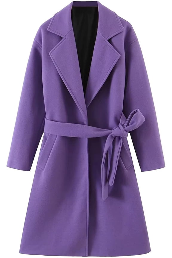 Women's Wool Blend Trench Coat Lapel Collar Wrap Wool Coat with Belt