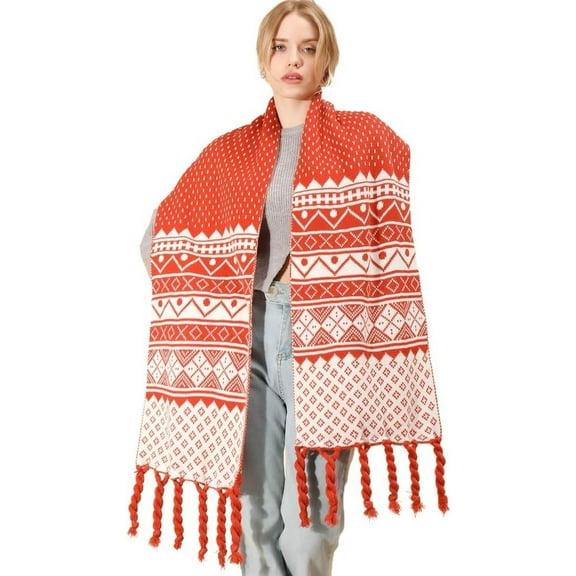 Kukuzhu Women's Woven Fringed Scarf Geometric Pattern Knitted Thermal Scarf Student Shawl