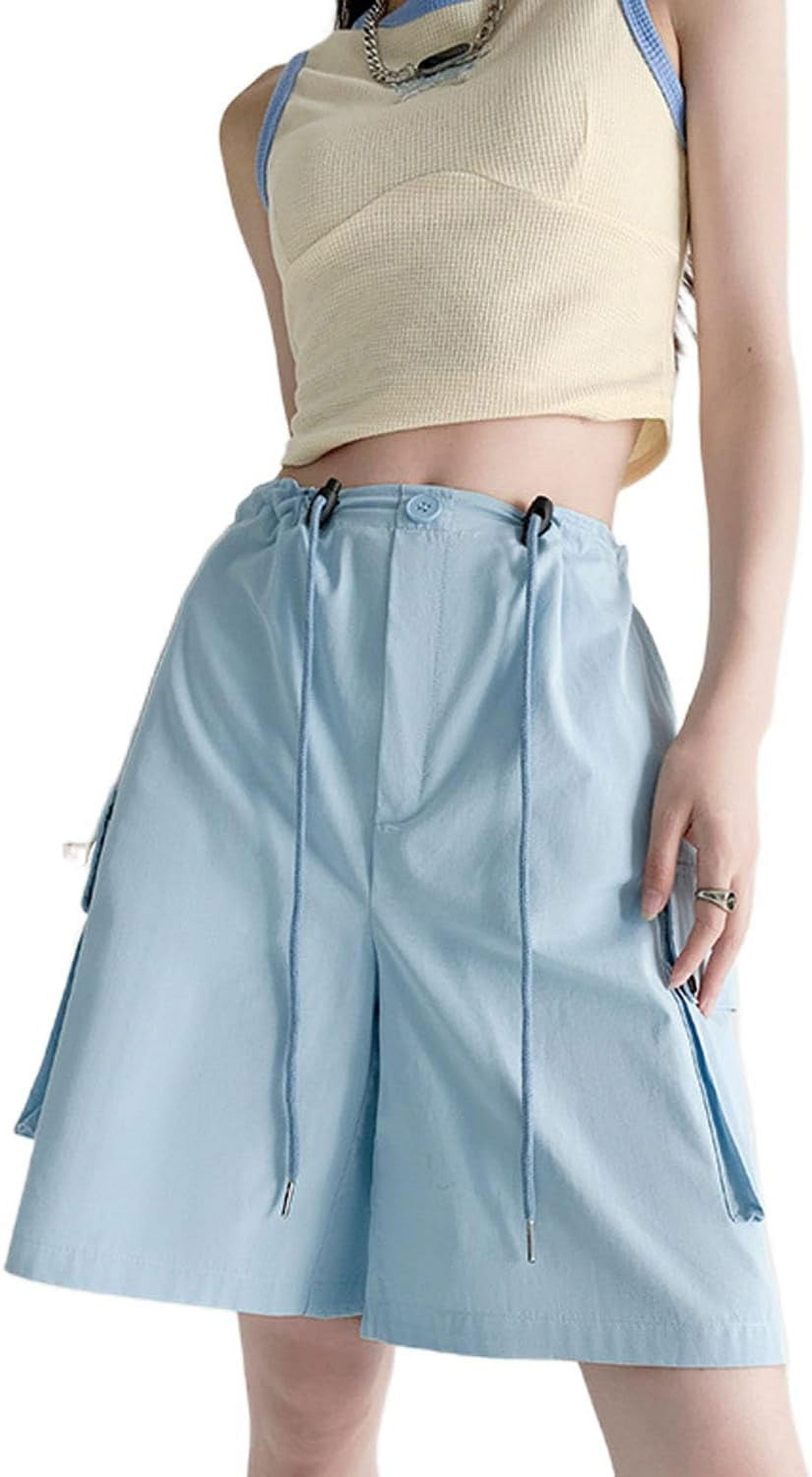 Kukuzhu Women's Y2K Cargo Shorts Drawstring Waist Wide Leg Bermuda