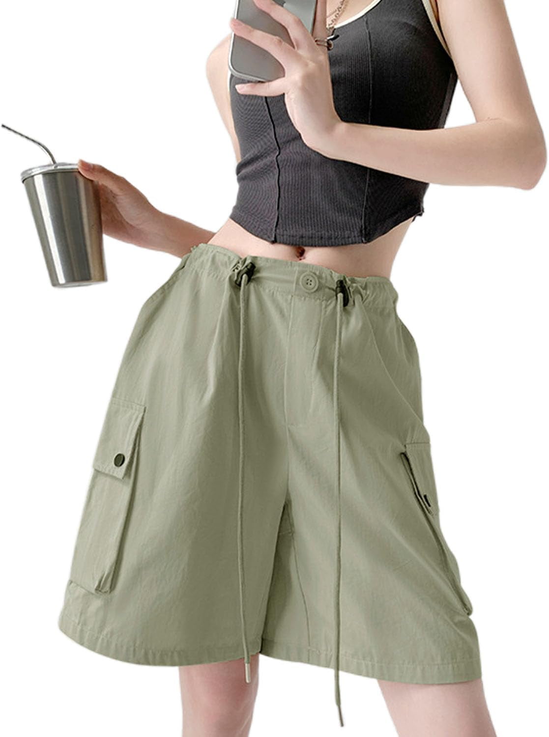 Kukuzhu Women's Y2K Cargo Shorts Drawstring Waist Wide Leg Bermuda