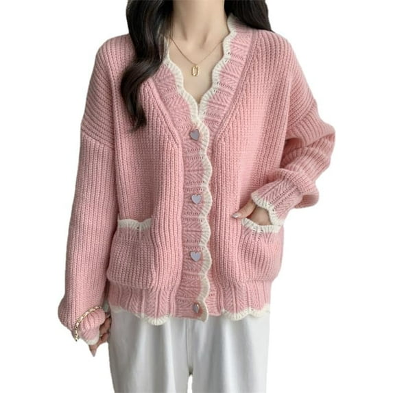 Kukuzhu Women's Y2K Loose Sweater Kawaii Harajuku Cardigan Tops Preppy Button Outwear Cute Alt Knit Clothing