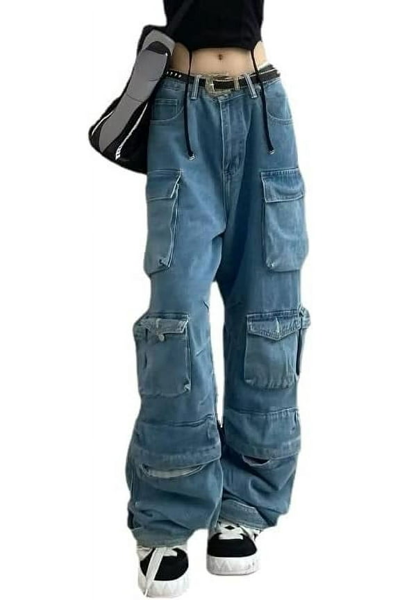 Womens Baggy Jeans Y2K Jeans with Flap Pocket Grunge High Waisted Baggy Jeans Alt Emo Streetwear