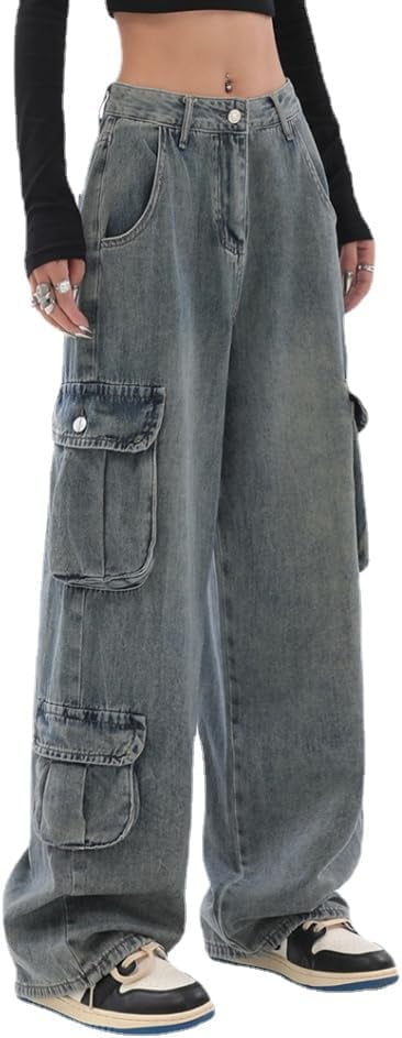 Kukuzhu Womens Baggy Jeans Y2K Vintage Cargo Wide Leg Jeans Aesthetic ...