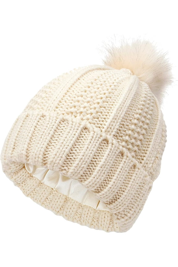 Womens Corchet Knit Beanie Hats with Pompom Slouchy Chunky Satin Lined Skull Caps Elastic Winter Warm Stocking Caps