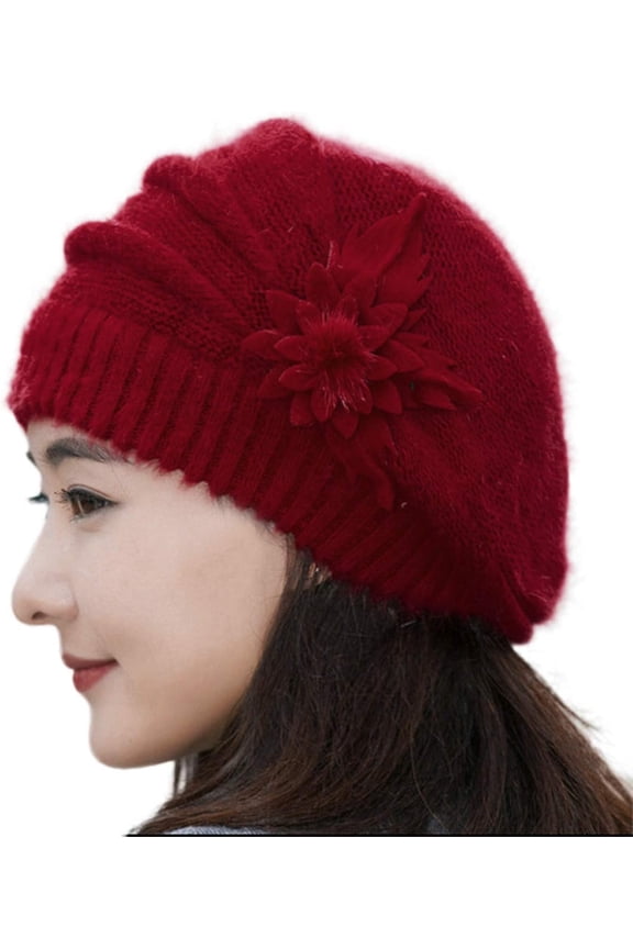 Womens Fall Winter Soft Floral Beanie Hats Chunky Solid Color Windproof Skull Caps Cable Knit Slouchy Stocking Hat