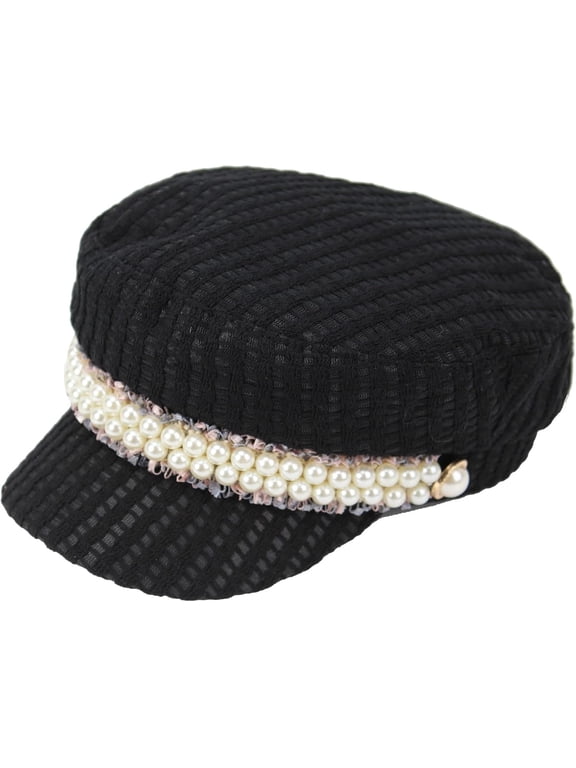Womens Fashion Newsboy Cap Rib-Knit Pearl Beaded Bakerboy Cabbie Gatsby Paperboy Visor Beret Hat Fall Winter,Black, One Size