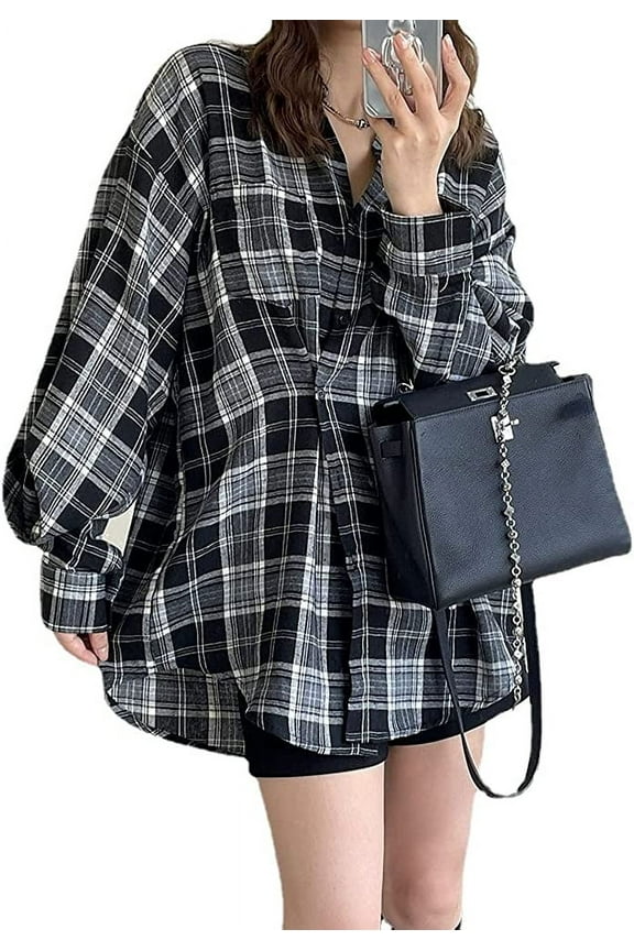 Womens Flannel Plaid Shirts Oversized Y2K Grunge Gothic Button Down Shirt Blouse Punk Roll Up Long Sleeve Alt Tops