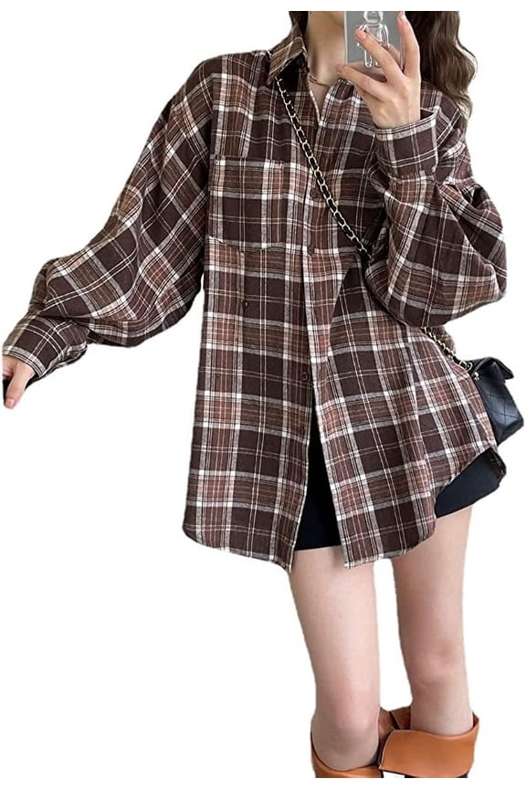 Womens Flannel Plaid Shirts Oversized Y2K Grunge Gothic Button Down Shirt Blouse Punk Roll Up Long Sleeve Alt Tops