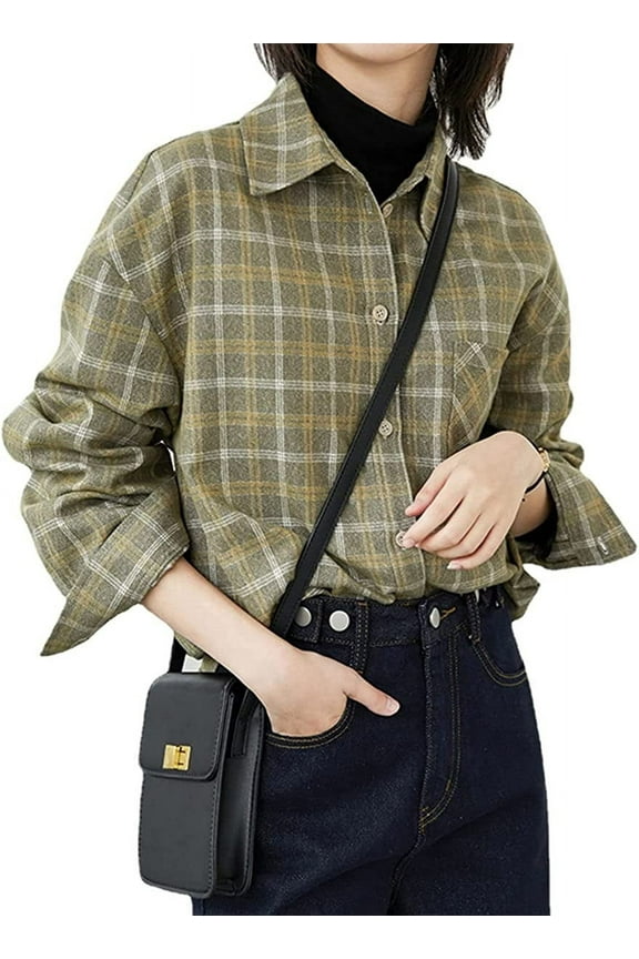 Womens Flannel Plaid Shirts Oversized Y2K Grunge Gothic Button Down Shirt Blouse Punk Roll Up Long Sleeve Tops