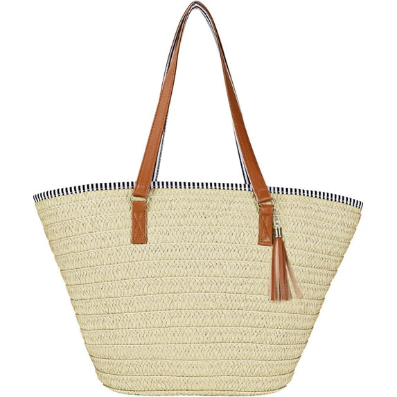 Kukuzhu Womens Large Straw Shoulder Bag Beach Tote Handbag Purse with Tassel for Summer