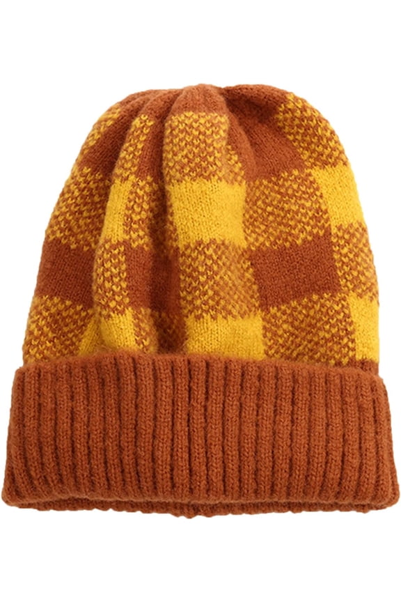 Womens Mens Stretch Plaid Print Beanie Hats Slouchy Soft Cuffed Skull Caps Winter Thicken Warm Ski Cycling Cable Knit Caps