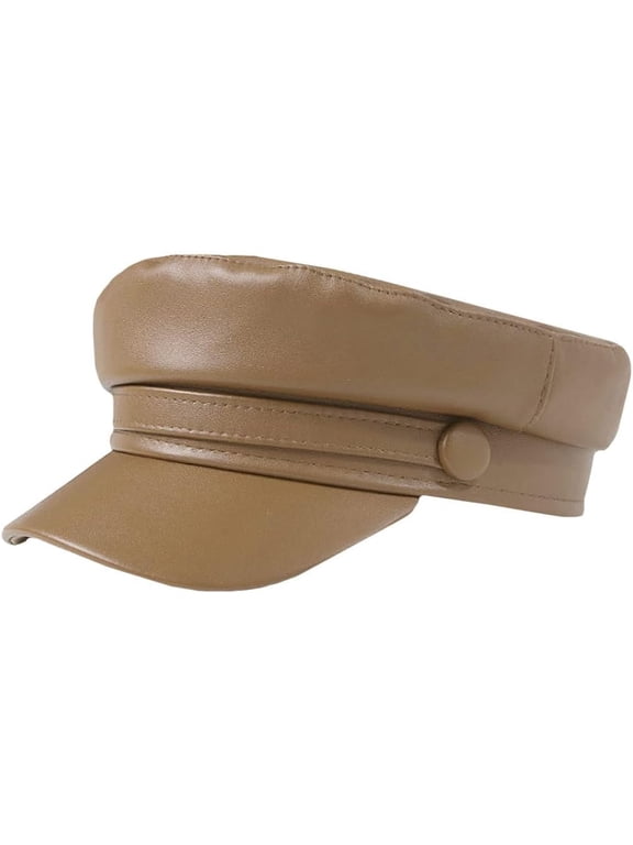 Womens PU Leather Greek Fisherman Sailor Fiddler Hat Cap Newsboy Paperboy Painter Cap Beret Hat Light Brown, One Size