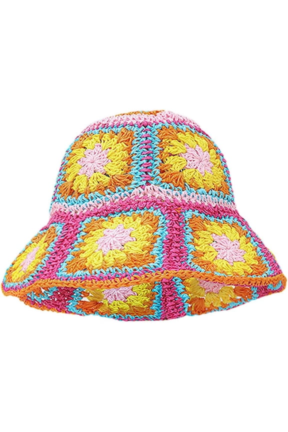 Womens Sun Hats Boho Floral Straw Hat Crochet Granny Square Bucket Hat Packable Summer Beach Hats