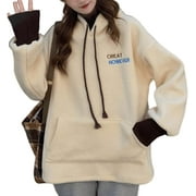Kukuzhu Womens Y2K Fleece Sweatshirt Hoodie, Korean Preppy Harajuku Sherpa Fake Two Piece Clothes Pocket Pullover Winter Fall