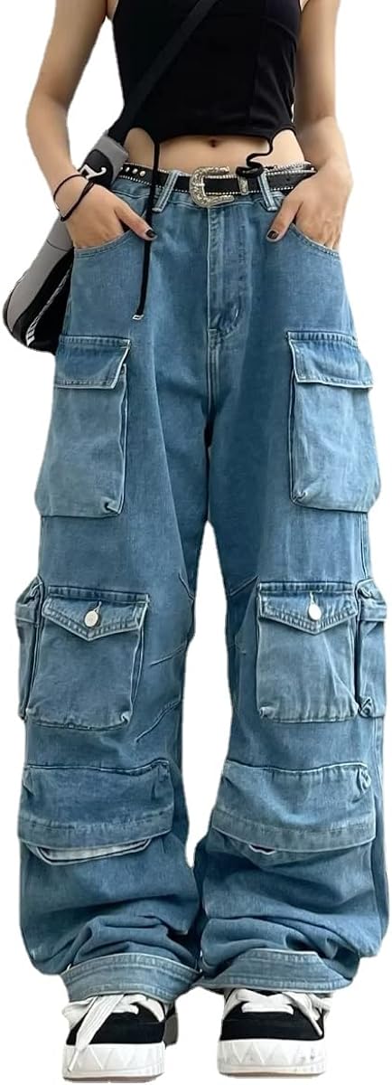 Kukuzhu Y2K Baggy Jeans Women's Grunge Wide Leg Denim Pants Emo Goth ...