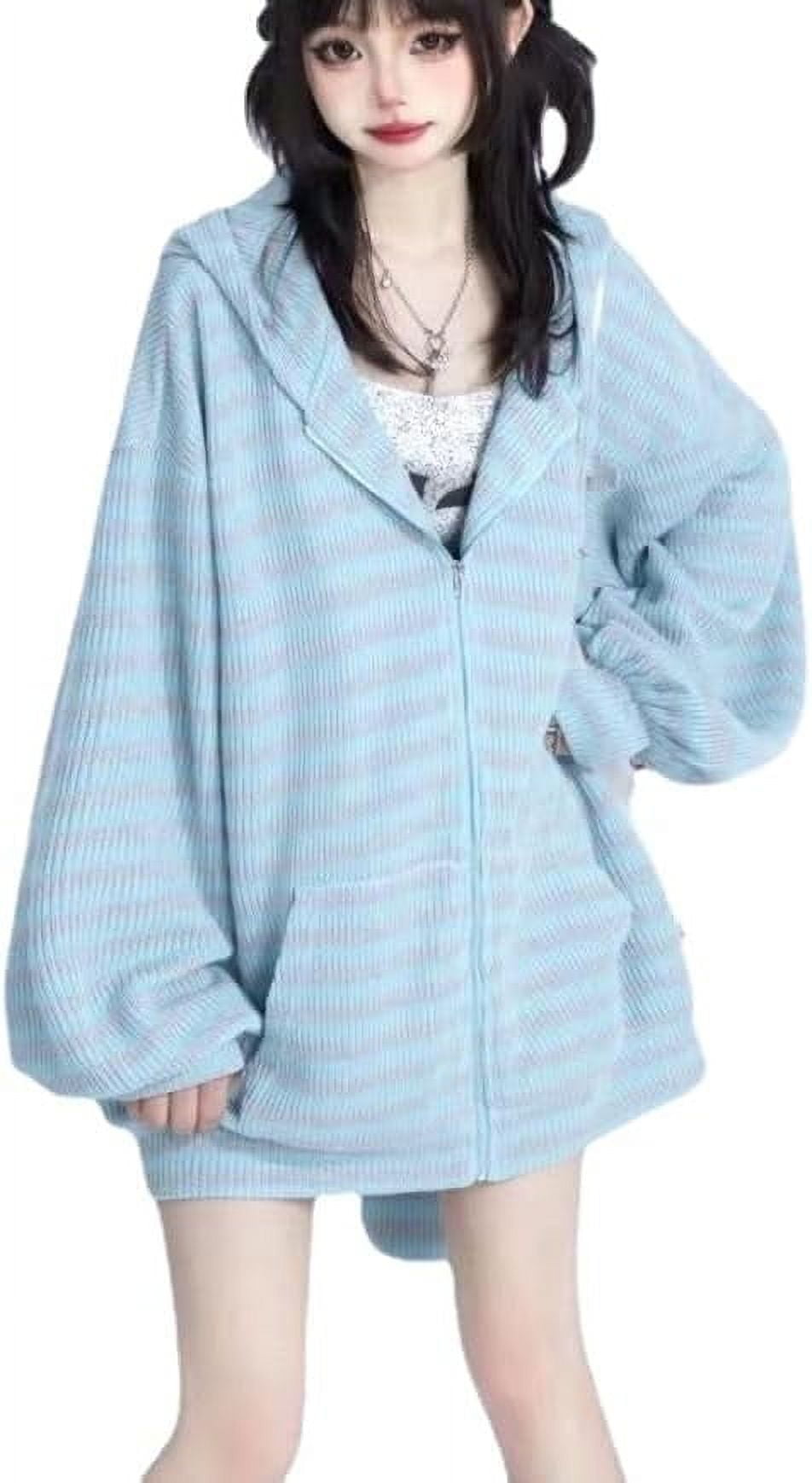 Kukuzhu Y2K Bunny Ear Hoodie Harajuku Kawaii Striped Zip Up Hoodie