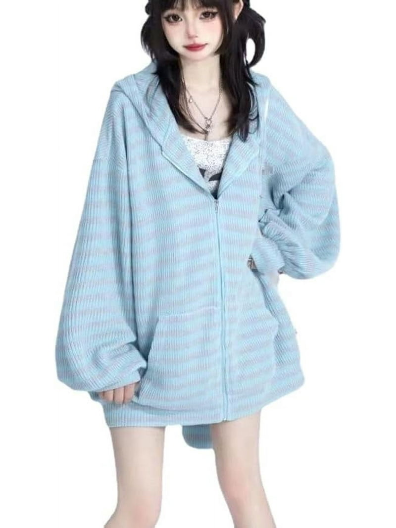 Kukuzhu Y2K Bunny Ear Hoodie Harajuku Kawaii Striped Zip Up Hoodie