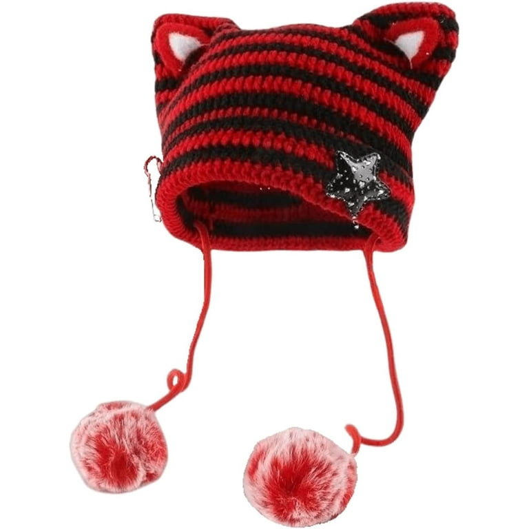 Kukuzhu Y2K Cat Ear Beanie Gyaru Acubi Devil Crochet Hats Emo