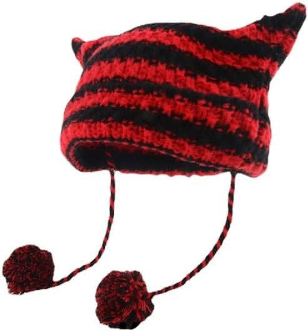 Kukuzhu Y2K Cat Ear Beanie Gyaru Acubi Devil Crochet Hats Emo Cyber Punk  Striped Accessories Alt Grunge Pompoms Headwear