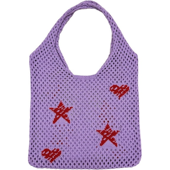 Kukuzhu Y2K Fairy Grunge Crochet Hobo Bag Indie Hippie Straw Beach Tote Punk Star Preppy Duffle Bag Cottagecore Accessories (Purple)