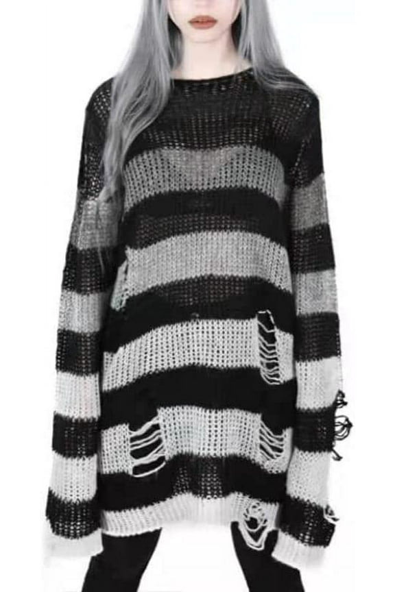 Y2K Oversized Goth Punk Sweater Ripped Striped Long Sleeve Pullover Fairy Grunge Distressed Emo Streetwear Tops Clothes