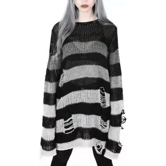 Kukuzhu Y2K Oversized Goth Punk Sweater Ripped Striped Long Sleeve Pullover Fairy Grunge Distressed Emo Streetwear Tops Clothes