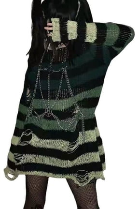 Y2K Oversized Goth Punk Sweater Ripped Striped Long Sleeve Pullover Fairy Grunge Distressed Emo Streetwear Tops Clothes