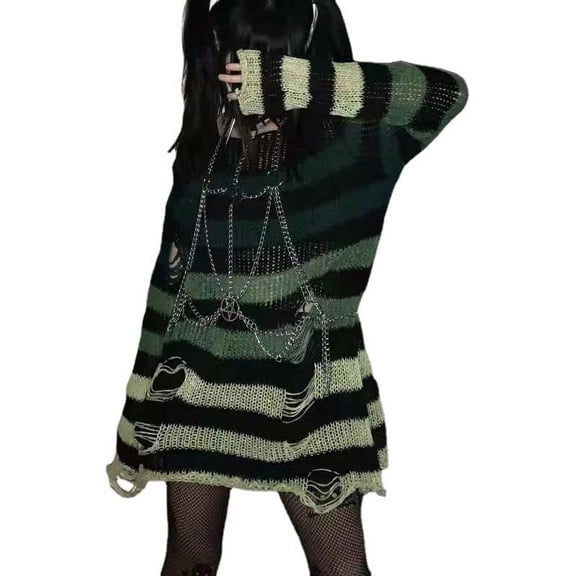 Kukuzhu Y2K Oversized Goth Punk Sweater Ripped Striped Long Sleeve Pullover Fairy Grunge Distressed Emo Streetwear Tops Clothes