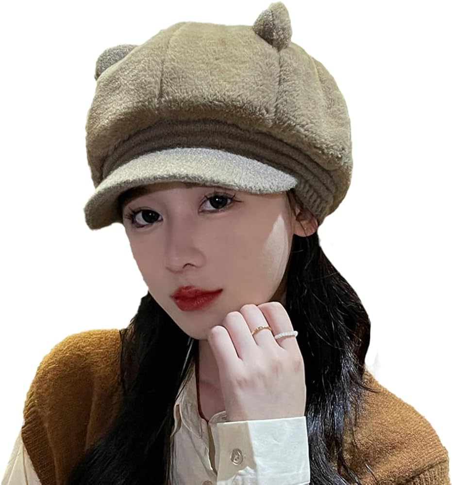 Kukuzhu Y2k Newsboy Cap for Women Ladies Kawaii Cat Ear Plush Octagonal