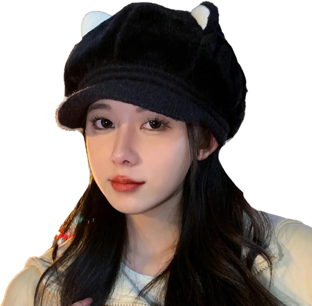 Kukuzhu Y2k Newsboy Cap for Women Ladies Kawaii Cat Ear Plush Octagonal