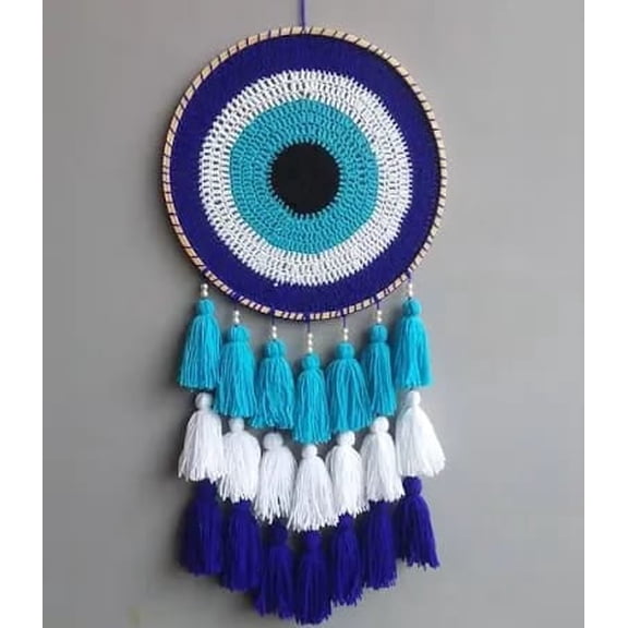 Kulantak Handmade Evil Eye Dream Catcher Wall Hanging, Woven Yarn Tapestry with Tassels, Blue and White