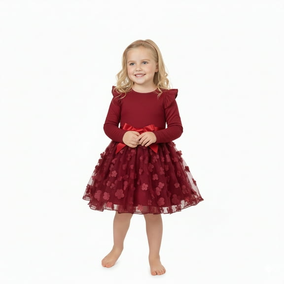 Kuleyang 1-5T Toddler Girls Tulle Dresses Spring Long Sleeves Flower Tutu Party Dress for Little Girl Birthday Wedding Guest