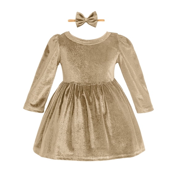 Kuleyang 2PC Toddler Baby Girls Velvet Tutu Dress Long Sleeve Princess Birthday Party Twirl Wedding Dresses Spring Clothes Khaki 12-18 Months