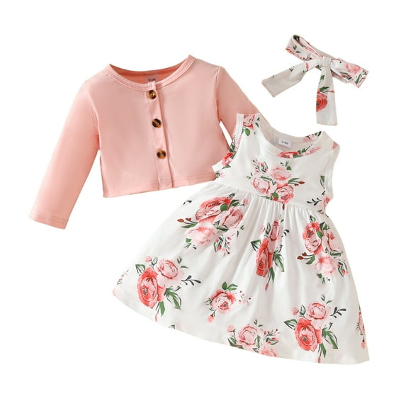 Kuleyang 3PS Toddler Little Girls Dress and Cardigan Sets Floral Print Sleeveless Dress and Long Sleeve Cardigan Ruffle Shrug Fall Winter Party Clothes Set 12-18 Months