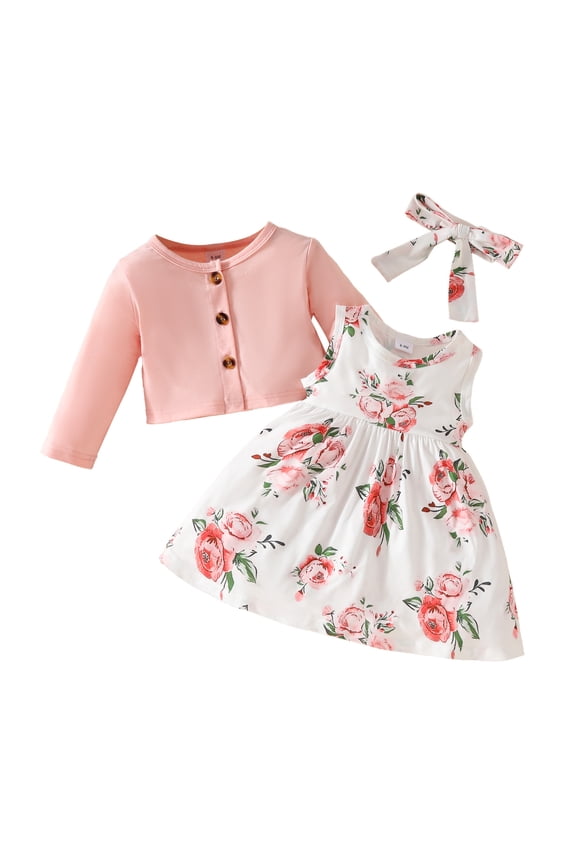 3PS Toddler Little Girls Dress and Cardigan Sets Floral Print Sleeveless Dress and Long Sleeve Cardigan Ruffle Shrug Fall Winter Party Clothes Set 9-12 Months